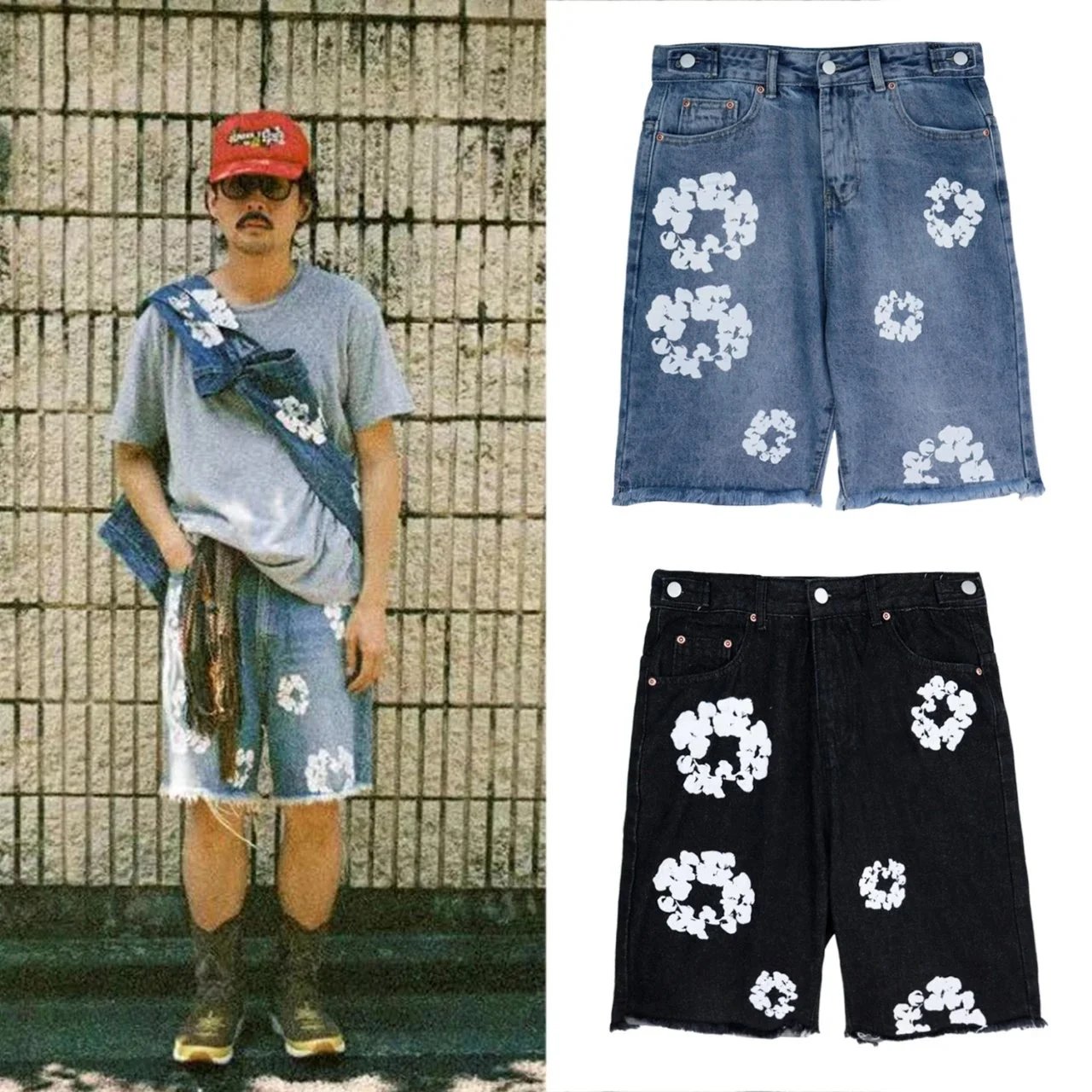 Men's Denim Jorts with White Floral Wreath Print and Raw Hem