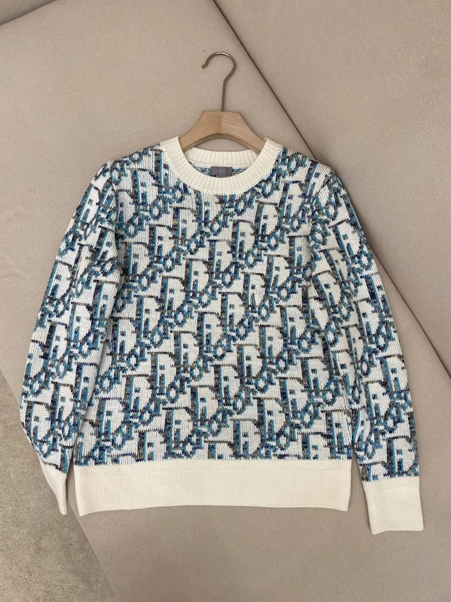 Dior White and Blue Oblique Motif Crewneck Sweater