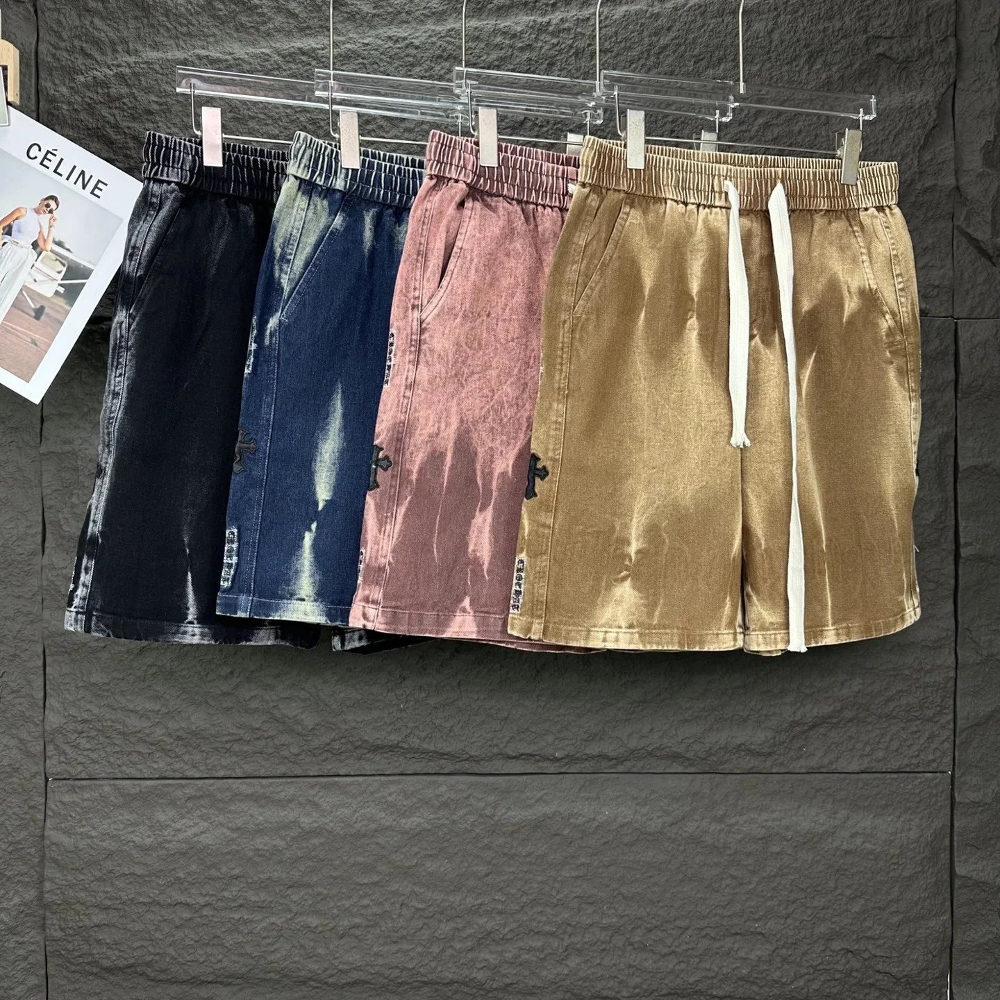 Women's Elastic Waist Acid Wash Denim Shorts with Side Patches