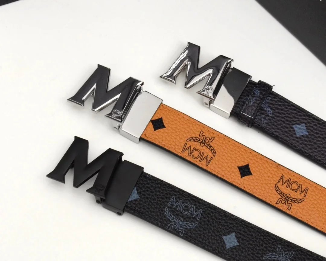 MCM Men's Leather Belt with Large M Logo Buckle and Visetos Print
