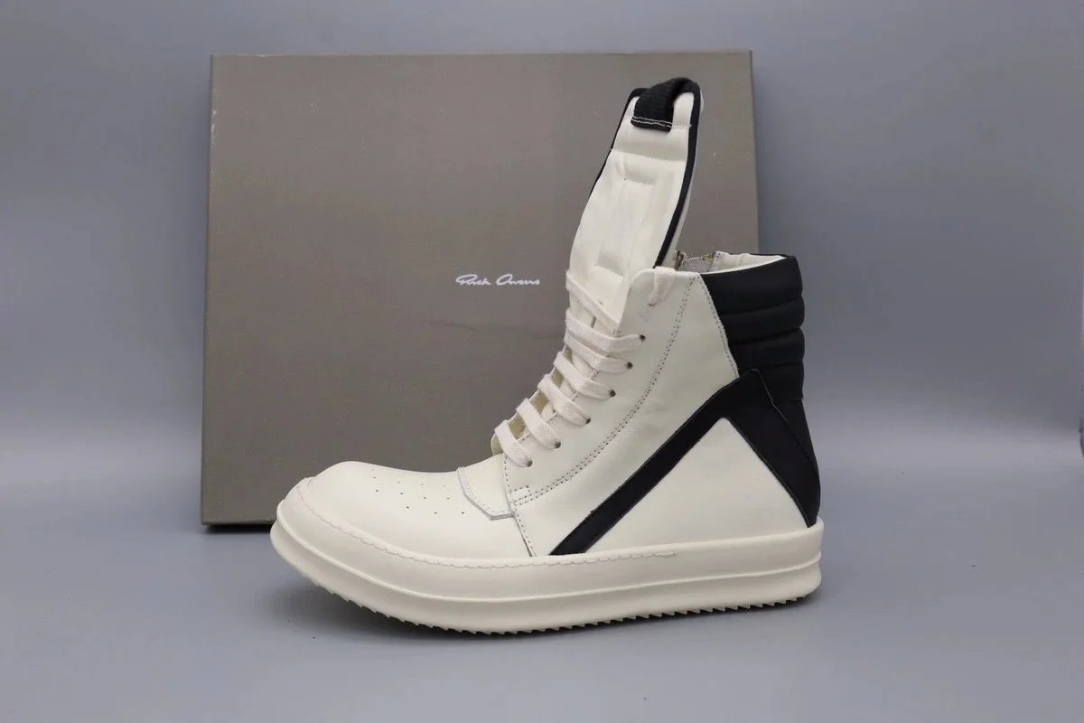 Rick Owens White and Black Leather High-Top Sneaker