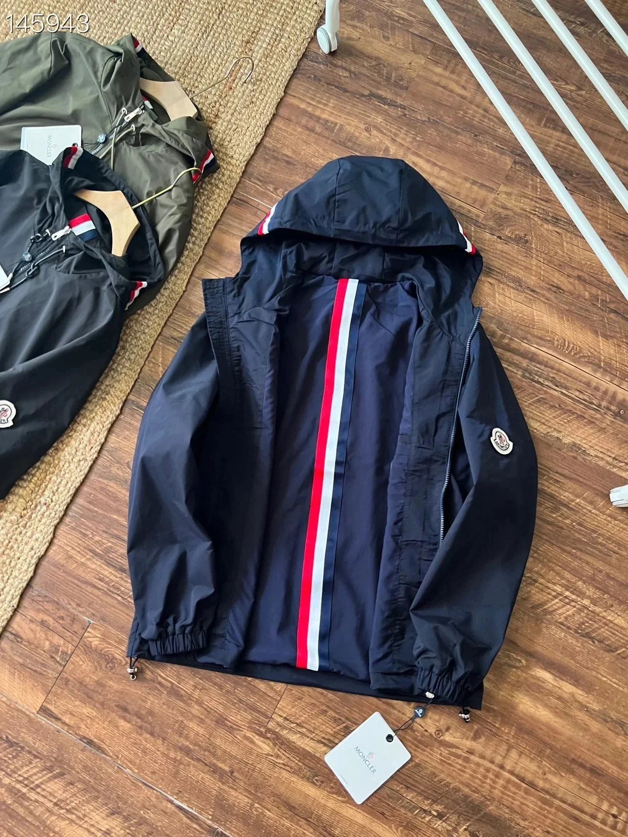 Moncler Hooded Windbreaker Jacket with Tricolor Stripe