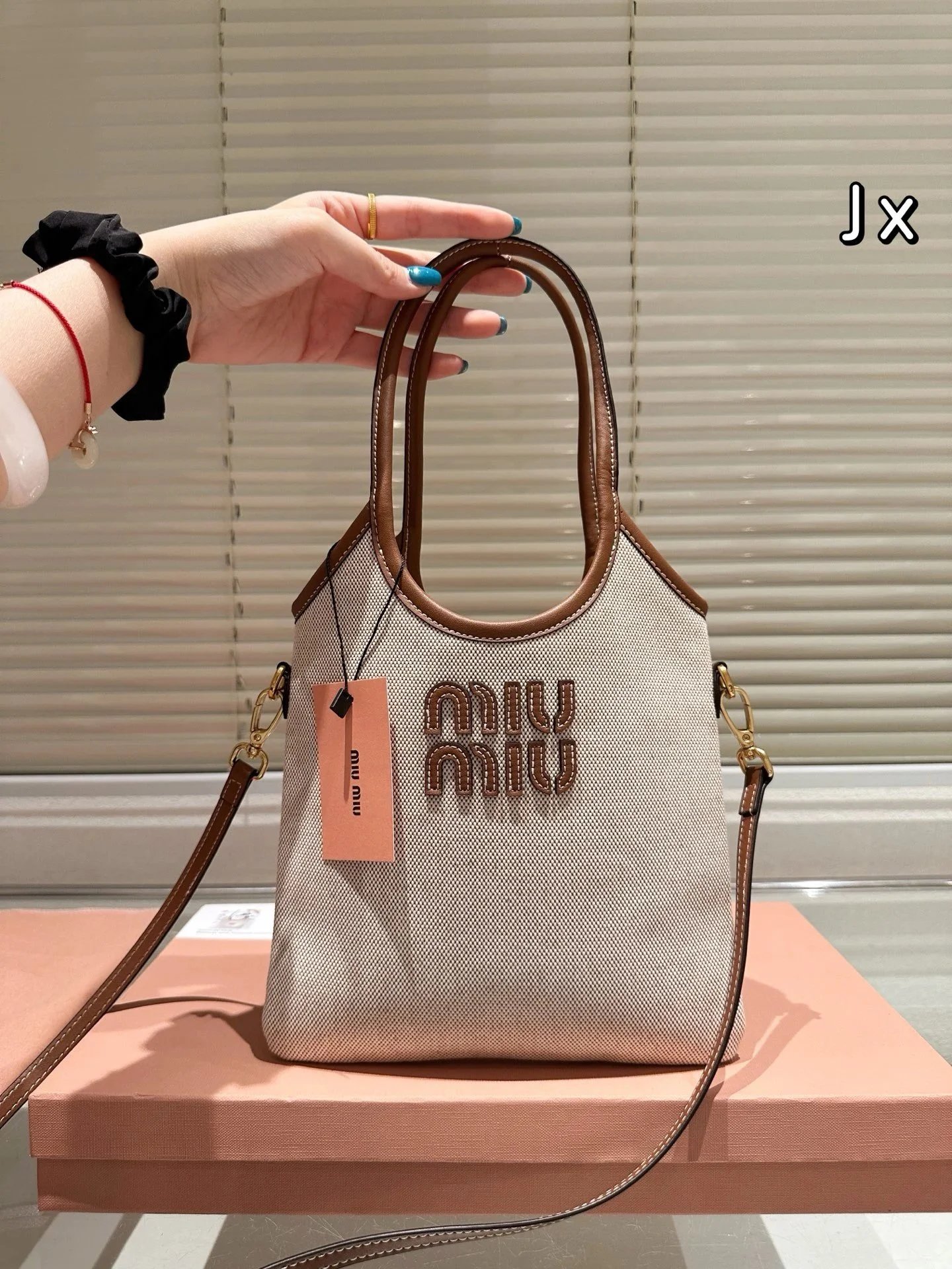 Miu Miu Embroidered Logo Canvas Tote Bag with Circular Handles