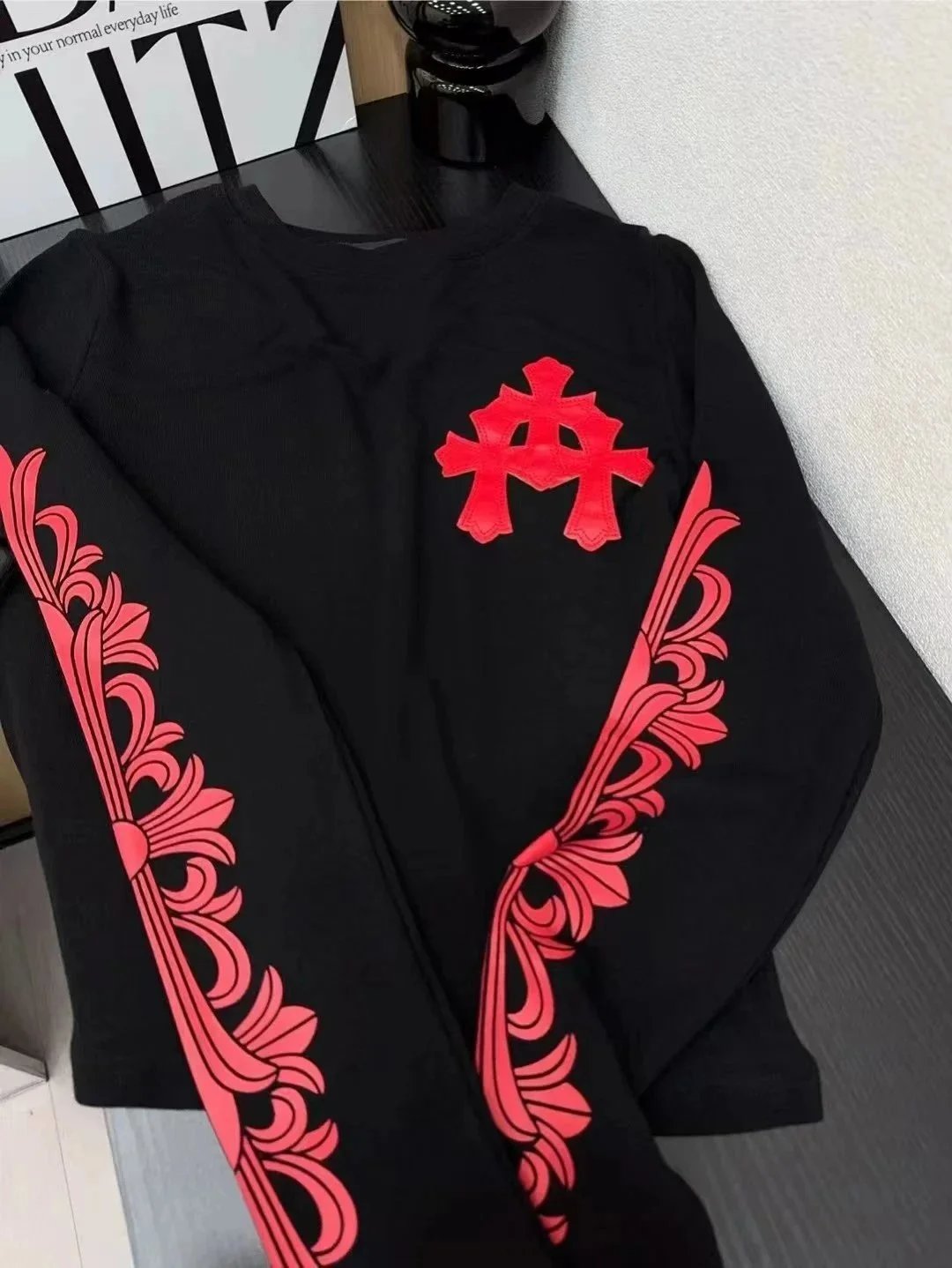 Chrome Hearts Long Sleeve Tee with Cross Chest Patch and Baroque Sleeve Print