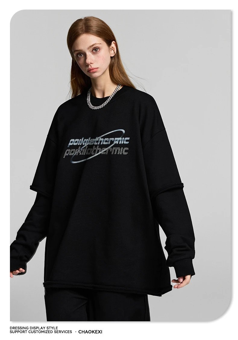 Retro Cotton Rhinestone Fake Two-Piece Hoodie Onyx - Gallery Image 9 - Detailed View