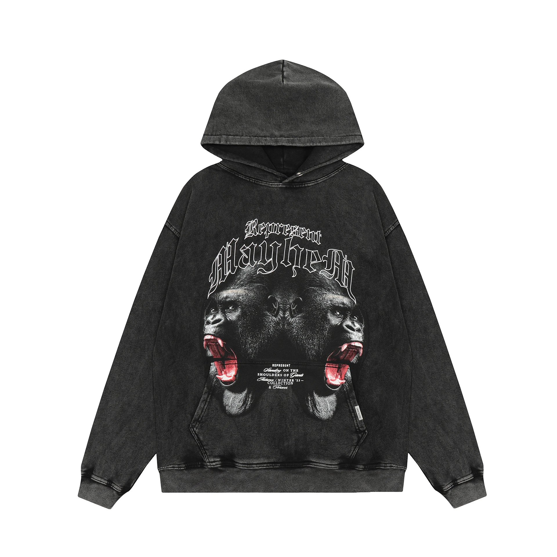 Vintage Graphic Pullover Hoodie Unisex Washed Black - Represent - Cnfans - $36.45