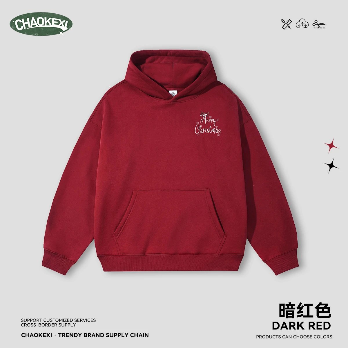 Unisex Thermal Fleece Christmas Reindeer Hoodie Burgundy - CHAOKEXI（潮可喜） - Cnfans - $33.23