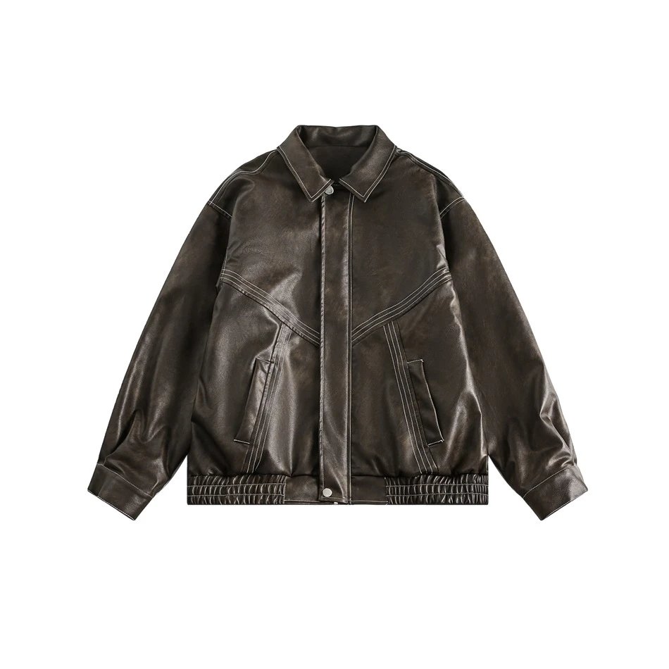 Men's Vintage Faux Leather Bomber Jacket Spring Fall Espresso - Answer Me - Cnfans - $57.23