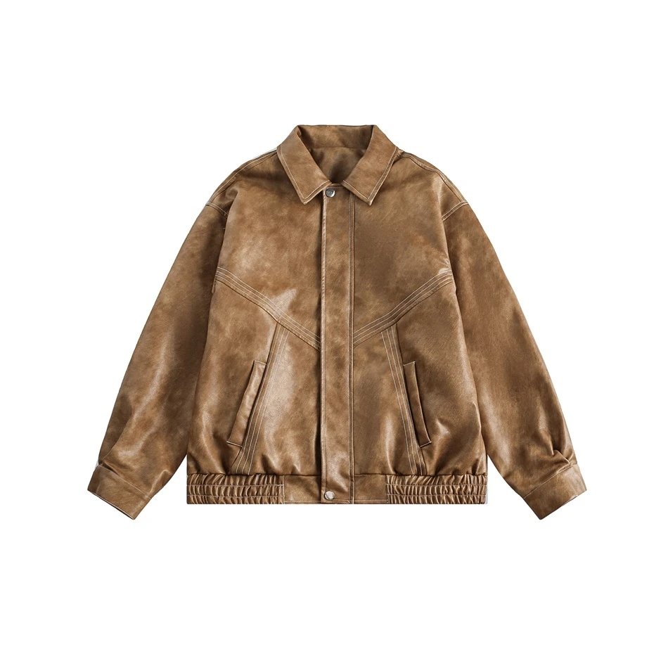 Men's Retro PU Leather Biker Jacket Spring Fall, Cognac - High Quality Product Image - Cnfans