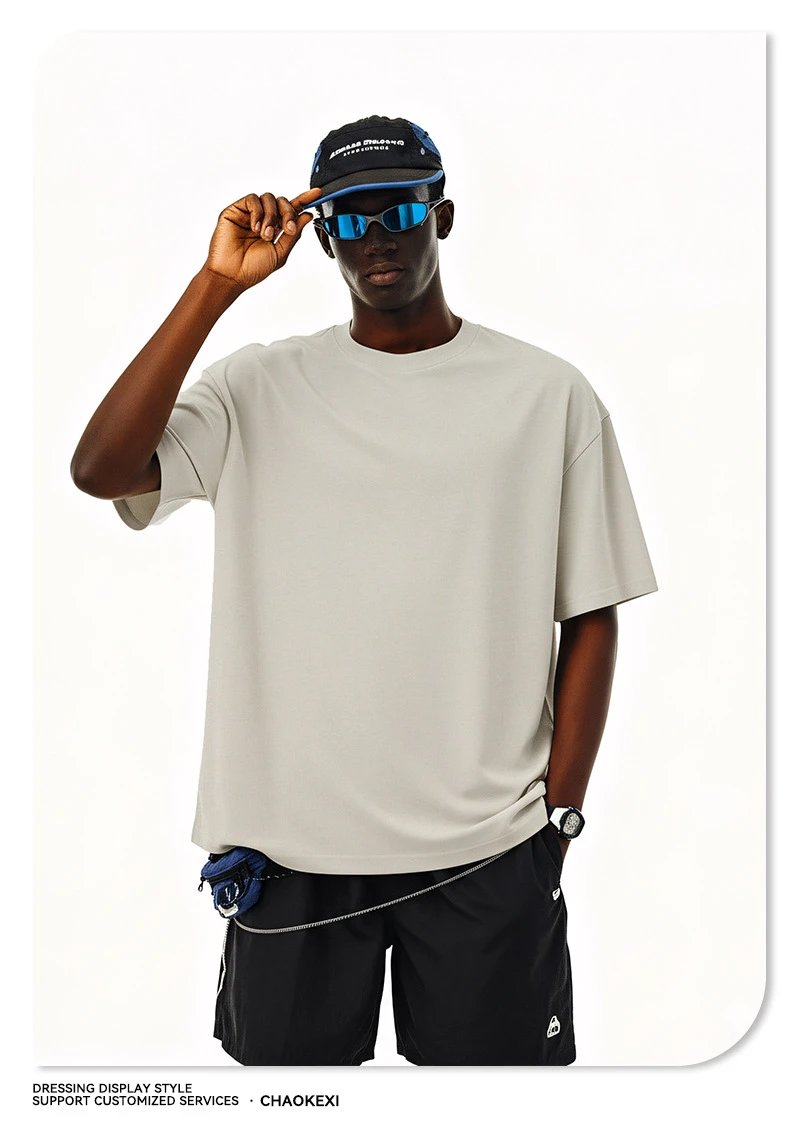 Men's Cotton Boxy Tee, Casual Solid Crew Neck - Ecru - Gallery Image 7 - Detailed View