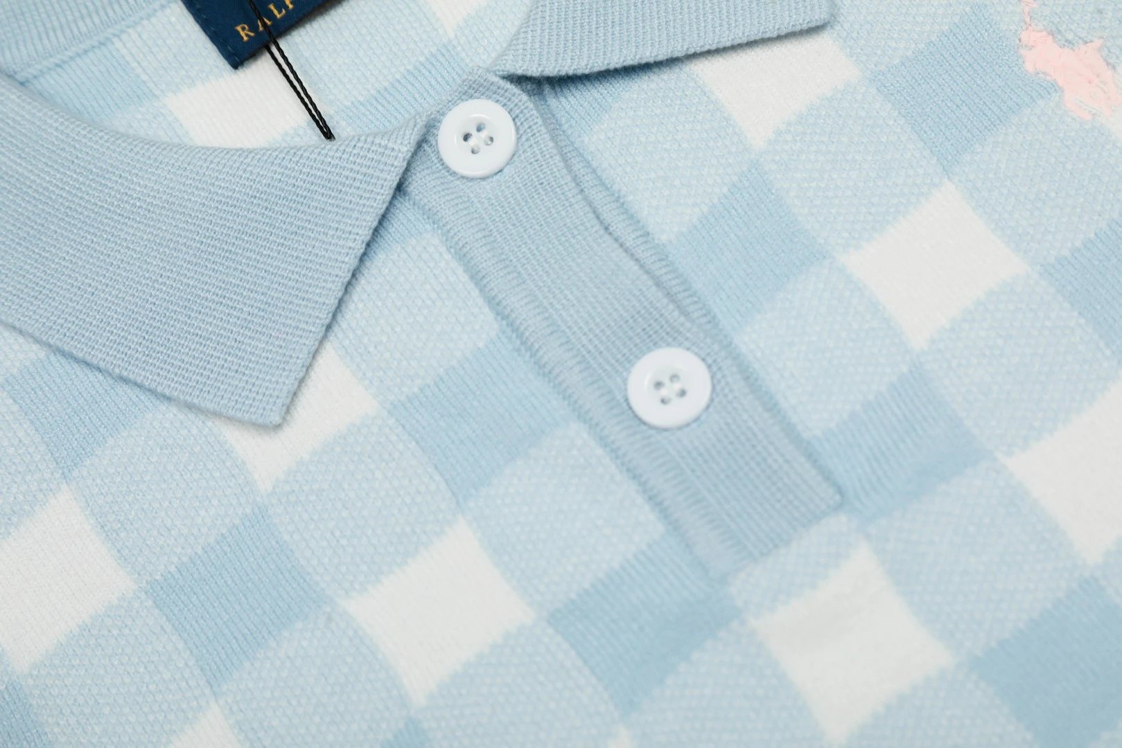 Gingham Knit Polo Top, Women's Short Sleeve, Rose - Gallery Image 13 - Detailed View