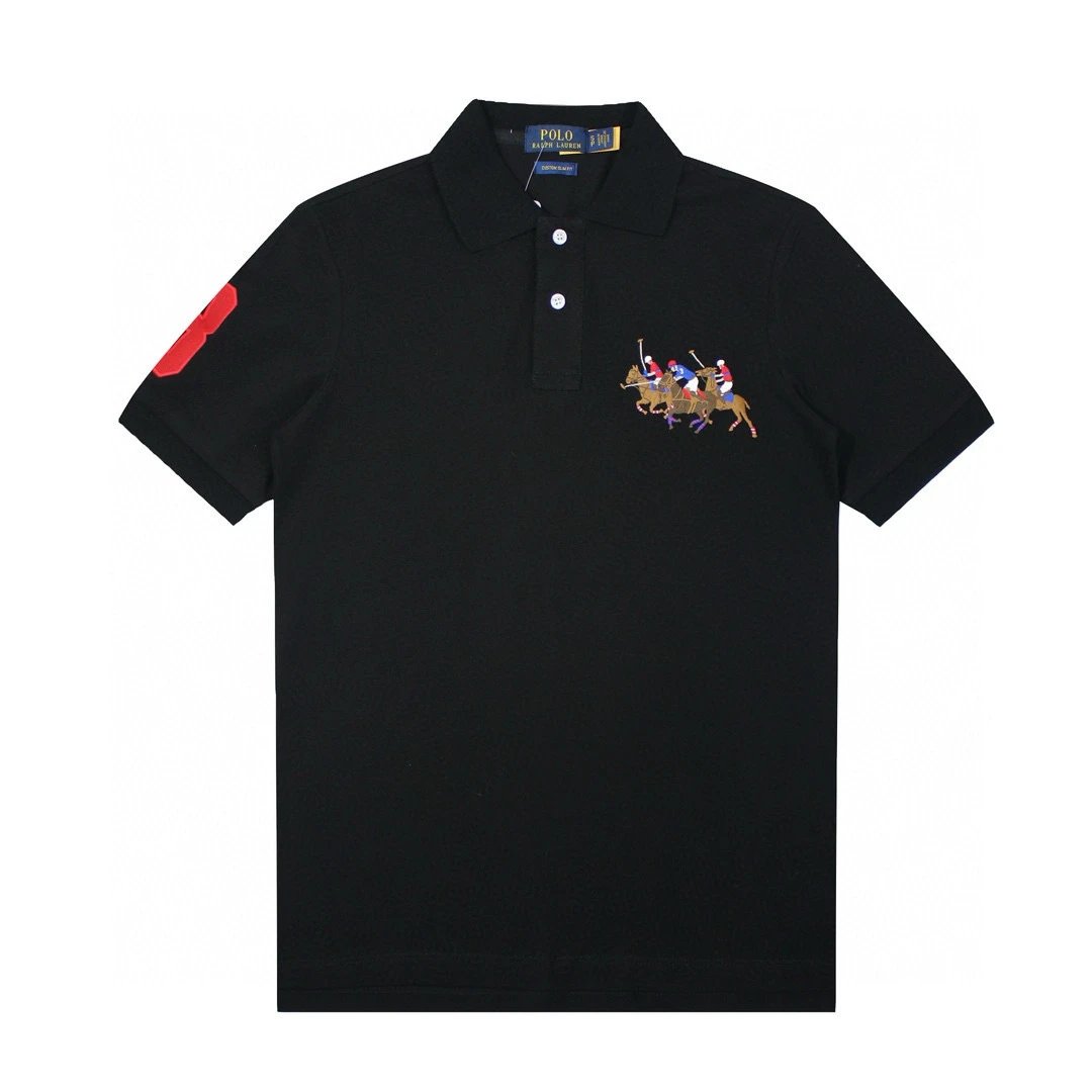 Men's Embroidered Three-Horse Cotton Polo Shirt Onyx Black - Ralph Lauren - Cnfans - $28.06
