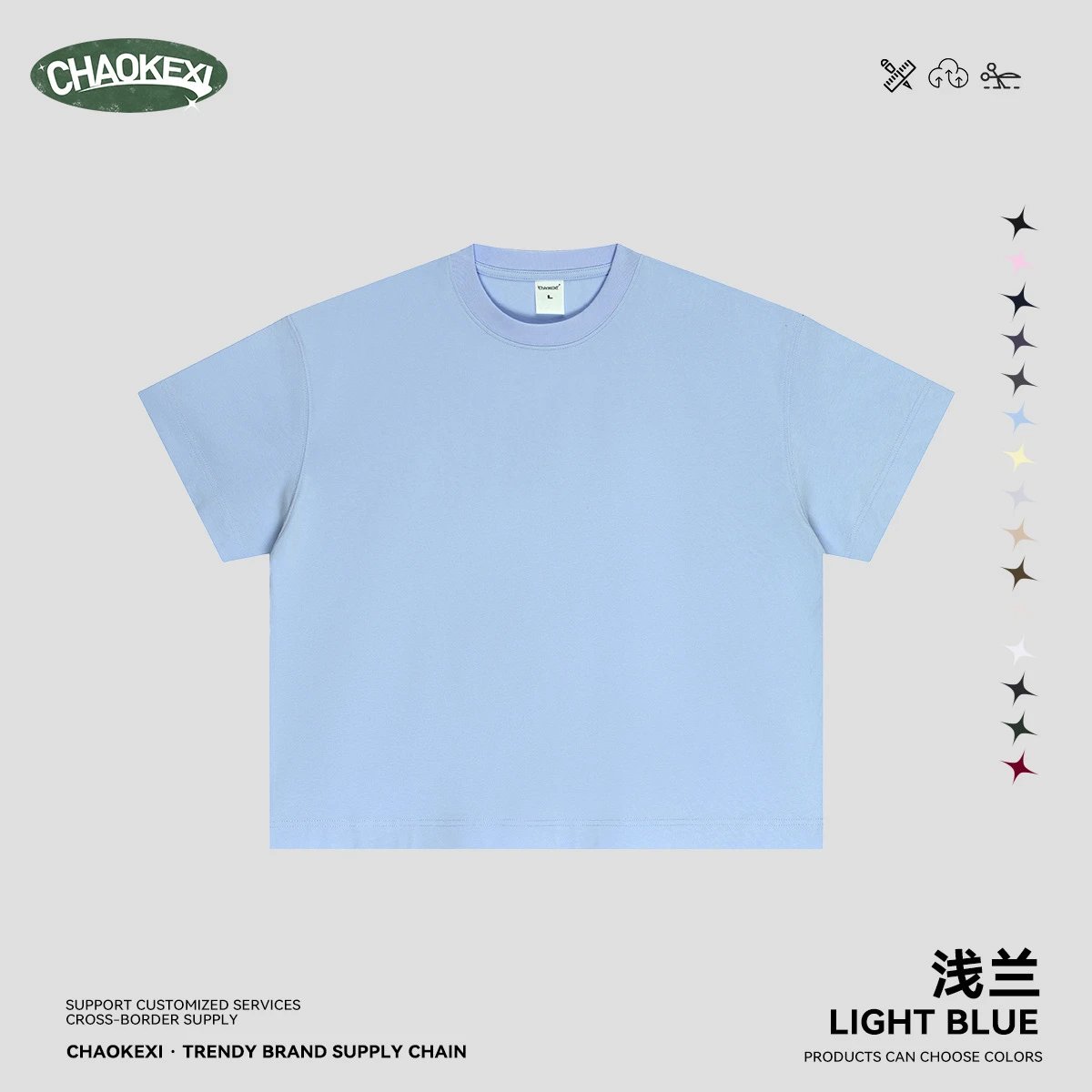 Boxy Cotton Men's Tee Retro Style Top Powder Blue - CHAOKEXI - Cnfans - $15.40
