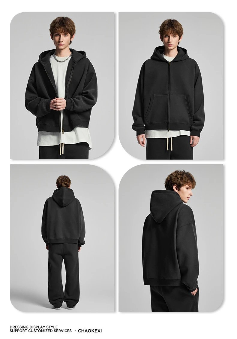 BOXY Fit Zip Up Hoodie Retro Style Iron Gray - Gallery Image 8 - Detailed View