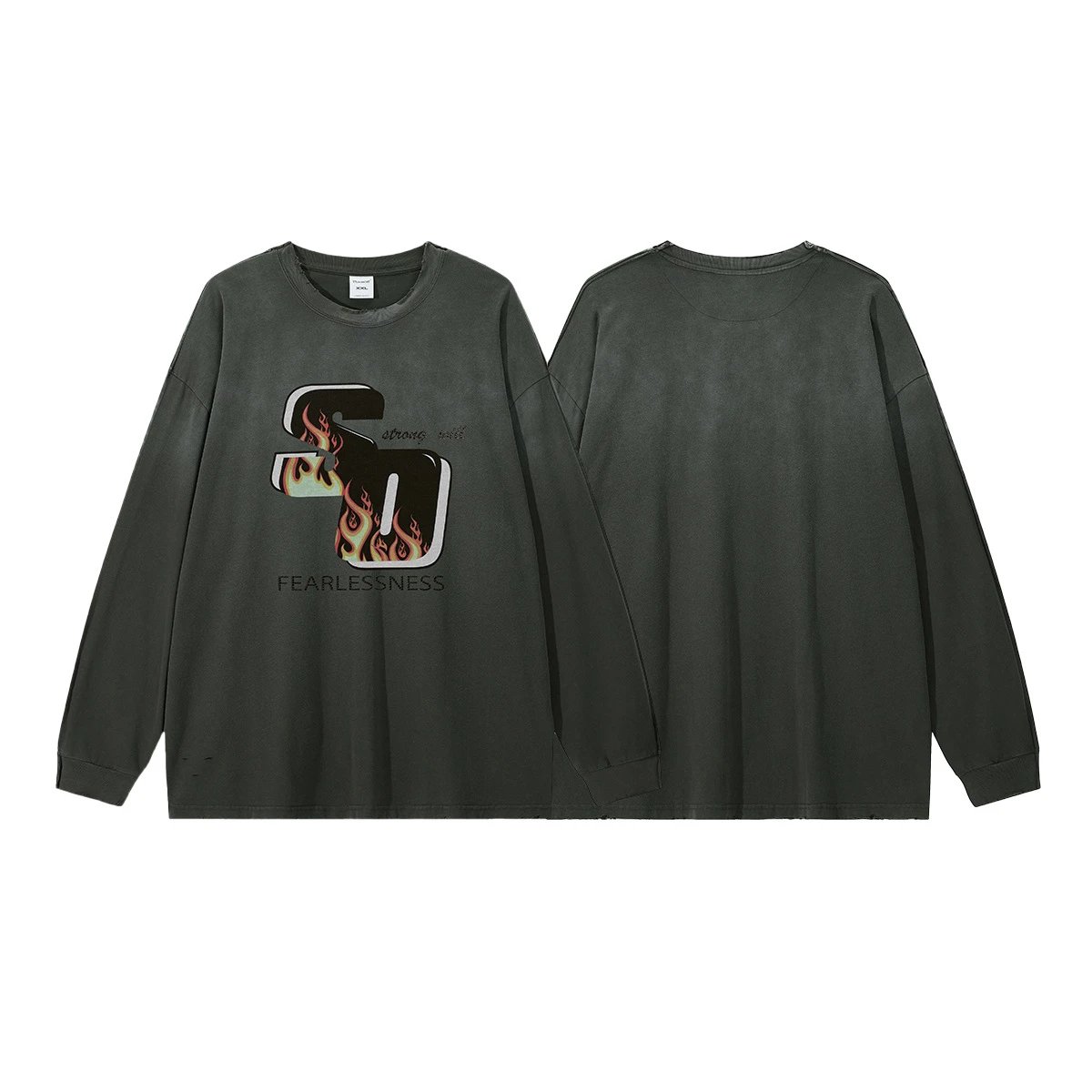 Men's Cotton Long Sleeve Tee Vintage Style Dark Gray - Gallery Image 11 - Detailed View