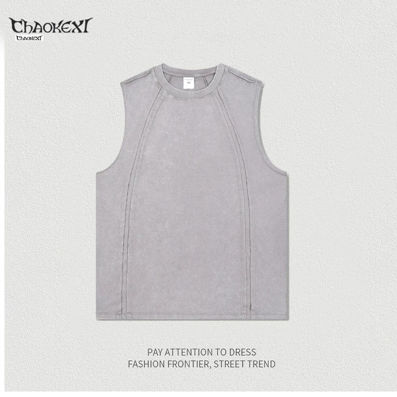 Men's Cotton Tank Top Street Style Sleeveless Faded Gray - ChaoKeXi - Cnfans - $22.26