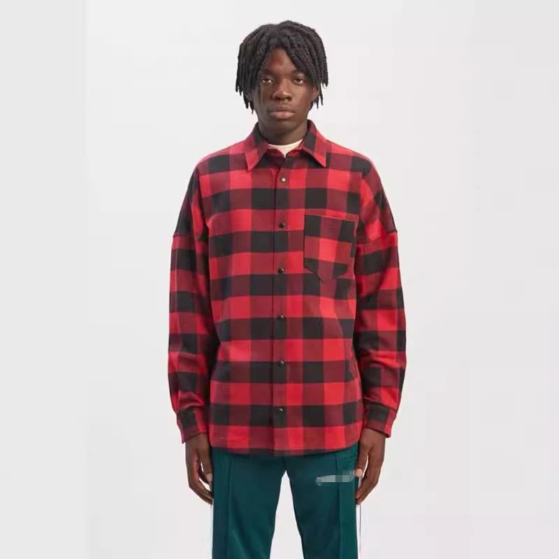 Plaid Flannel Shirt Unisex Casual Outerwear - Scarlet - Gallery Image 13 - Detailed View