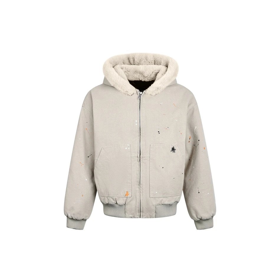 Unisex Washed Workwear Bomber Jacket Faux Fur Hood Mauve - High Quality Product Image - Cnfans