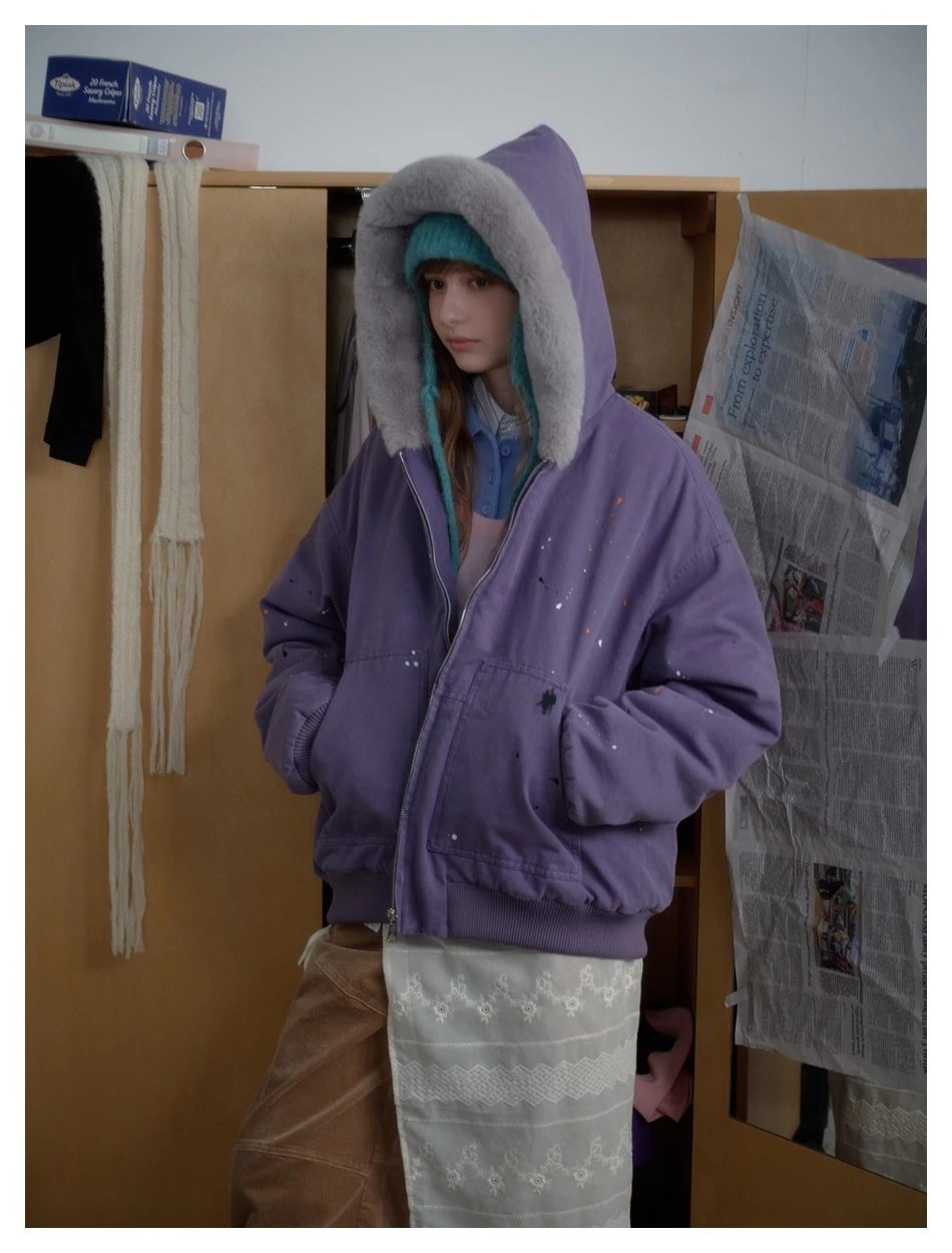 Unisex Winter Faux Fur Hooded Workwear Jacket, Amethyst - Gallery Image 1 - Detailed View