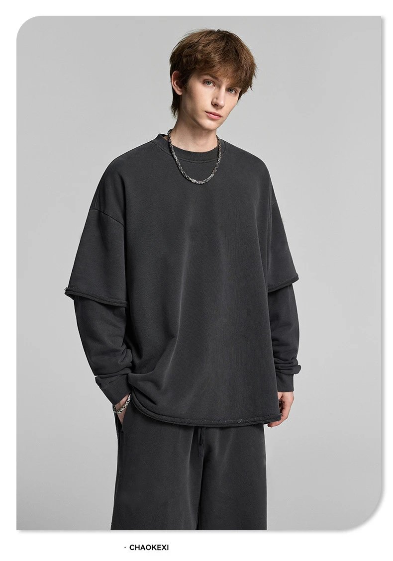 Men Boxy 420g Double Layer Fake Two-Piece Hoodie Charcoal - Gallery Image 7 - Detailed View