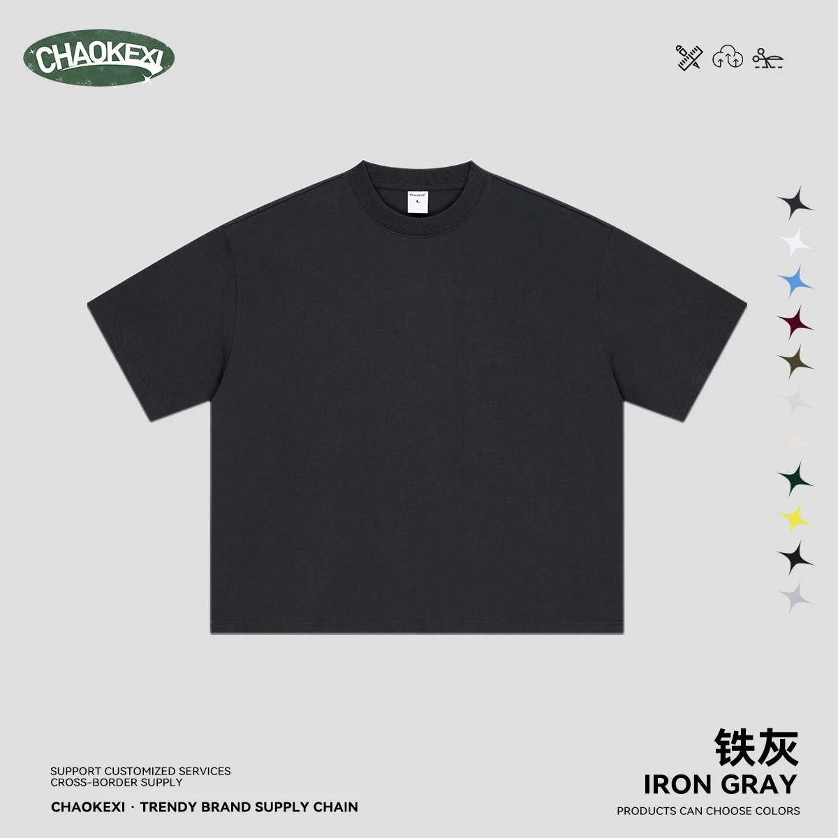 Casual Cotton Boxy Tee Men's Short Sleeve Iron Gray - CHAOKEXI - Cnfans - $19.27