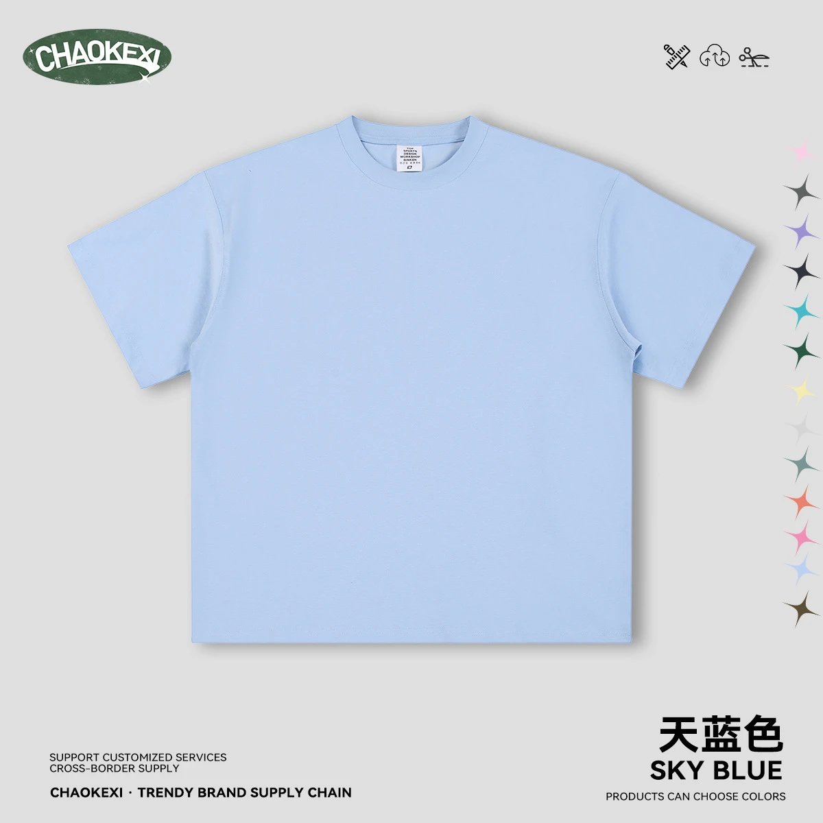 Cotton Casual Tee Heavyweight Short Sleeve Shirt Cerulean - CHAOKEXI - Cnfans - $15.08