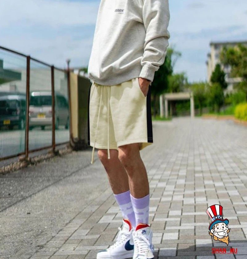 Unisex Cotton Drawstring Casual Shorts Ivory Black - Gallery Image 14 - Detailed View