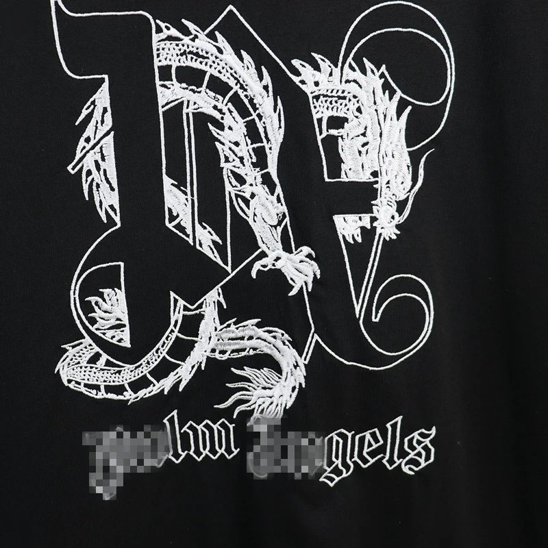 Dragon Year Letter Embroidered Streetwear T-Shirt Ebony Black - Gallery Image 8 - Detailed View