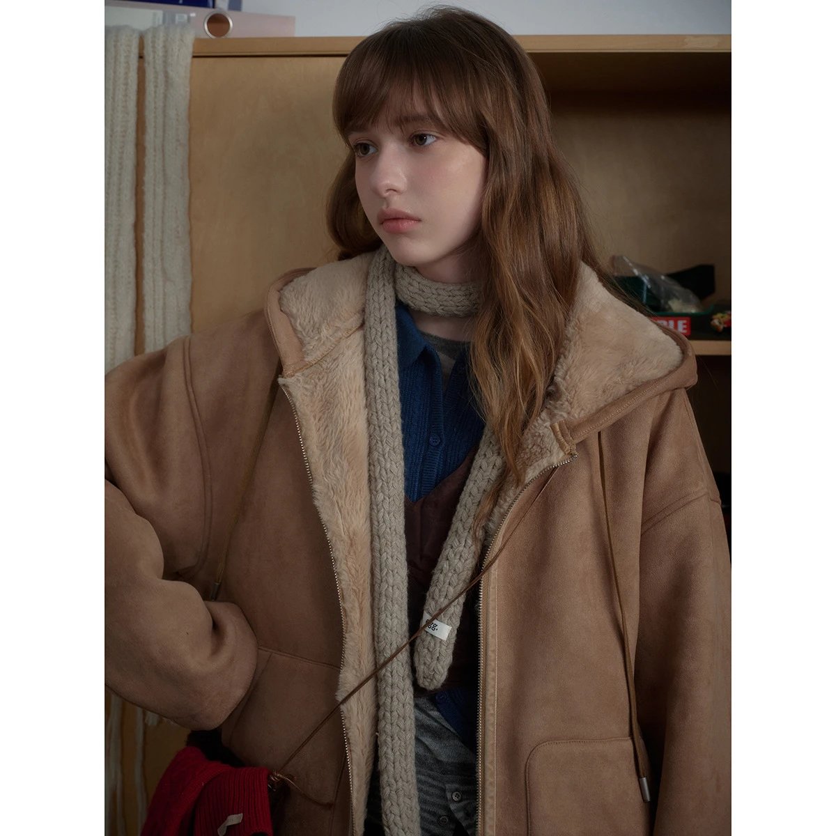 Retro Loose Fit Unisex Faux Suede Sherpa Lined Jacket, Ecru - Gallery Image 5 - Detailed View