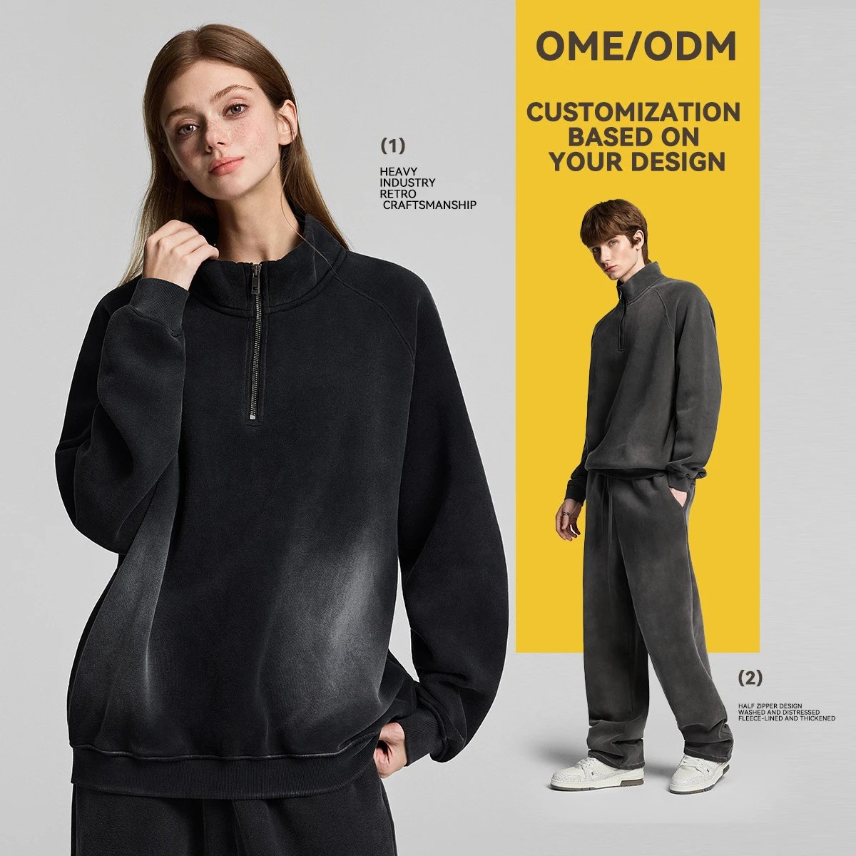 Retro 420g Heavyweight Half Zip Fleece Hoodie Unisex Slate - Gallery Image 3 - Detailed View