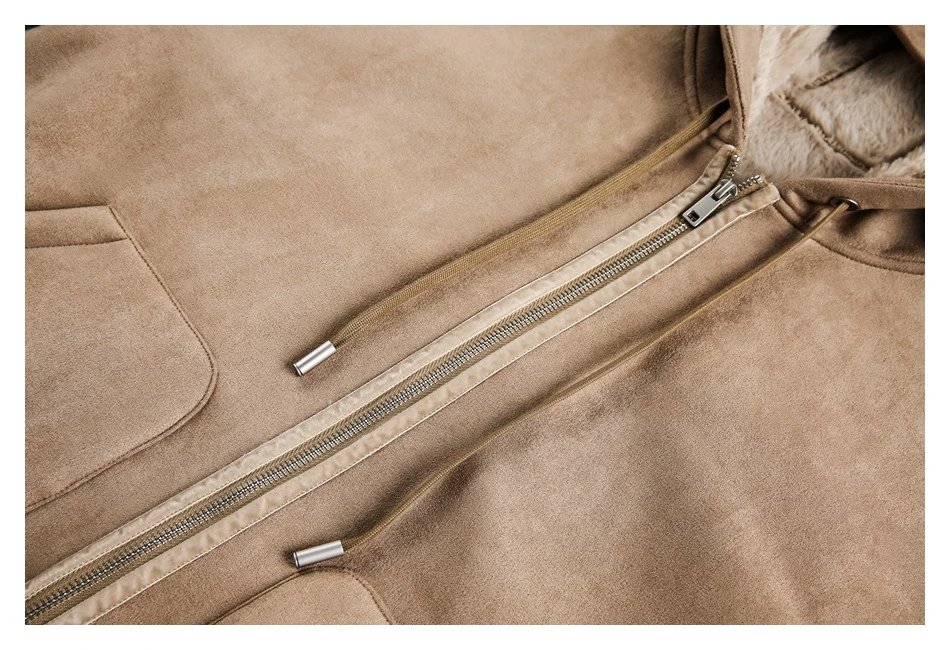 Retro Loose Fit Unisex Faux Suede Sherpa Lined Jacket, Ecru - Gallery Image 13 - Detailed View