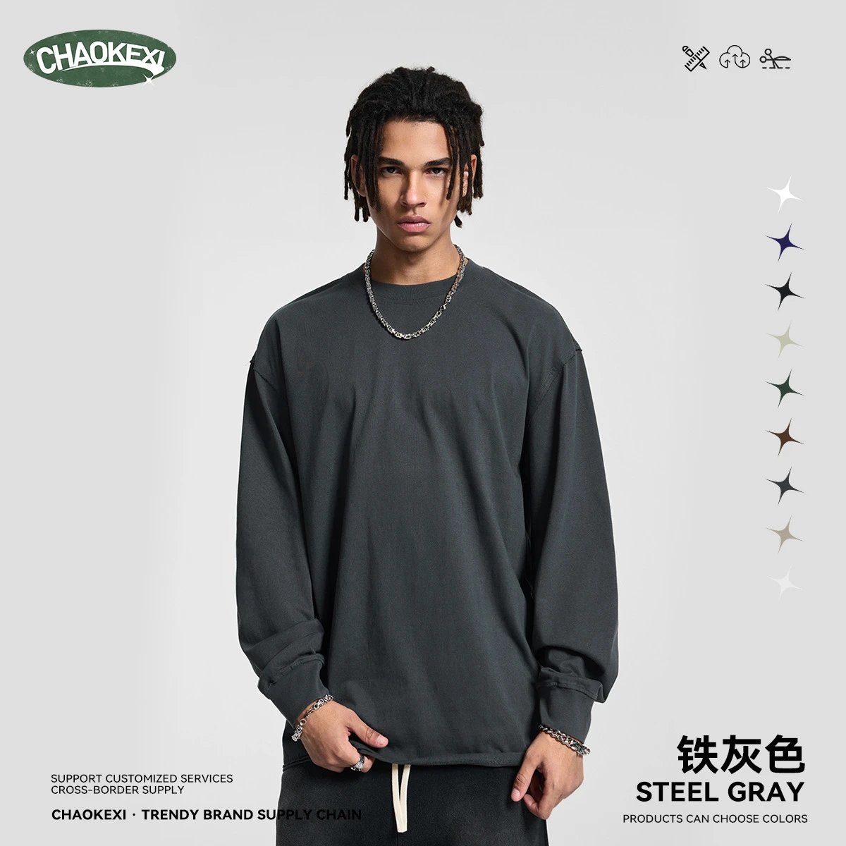 Mens Cotton Long Sleeve Tee Basic Top Steel Gray - ChaoKeXi - Cnfans - $21.85