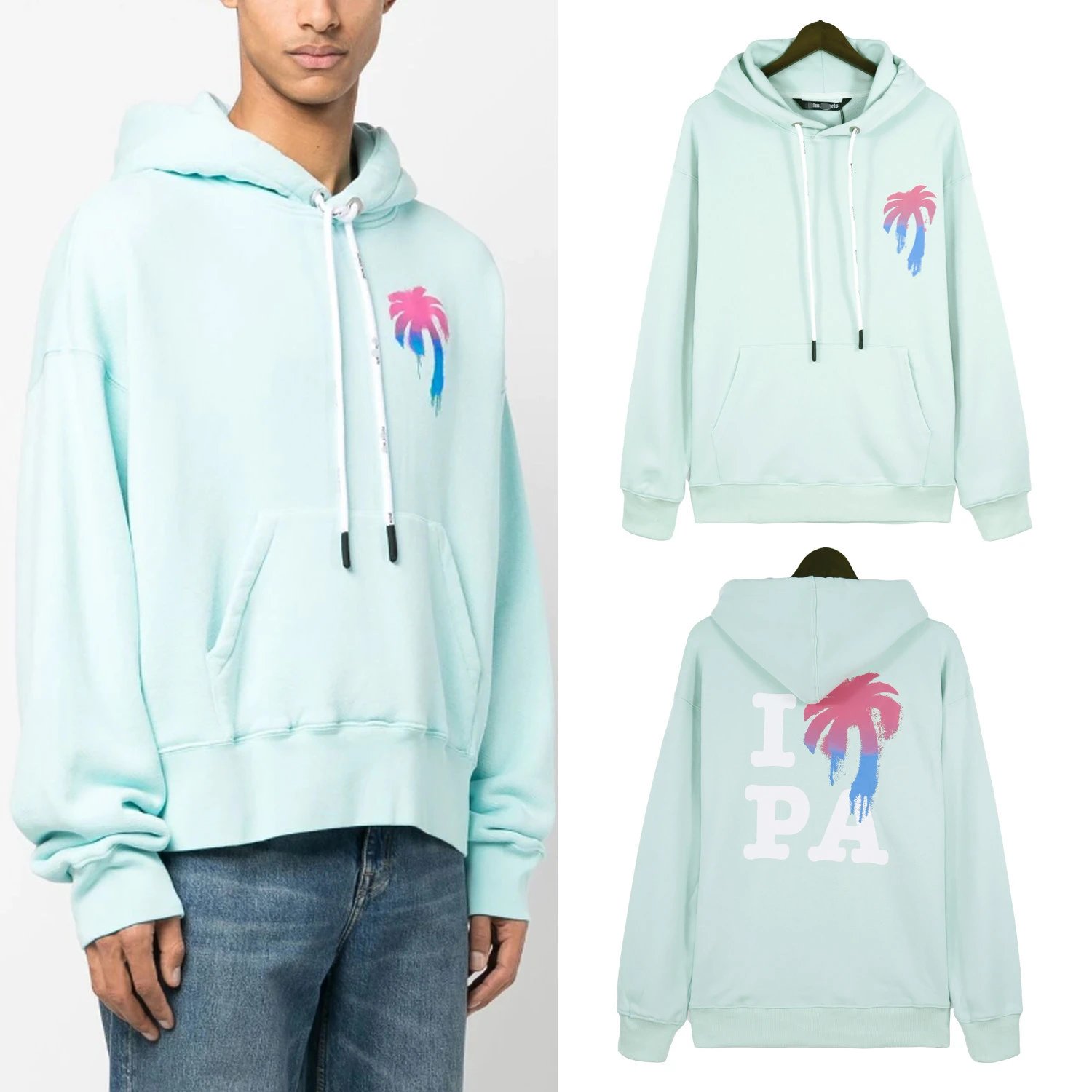 Street Palm Tree Cotton Hoodie Unisex Aquamarine - Gallery Image 4 - Detailed View
