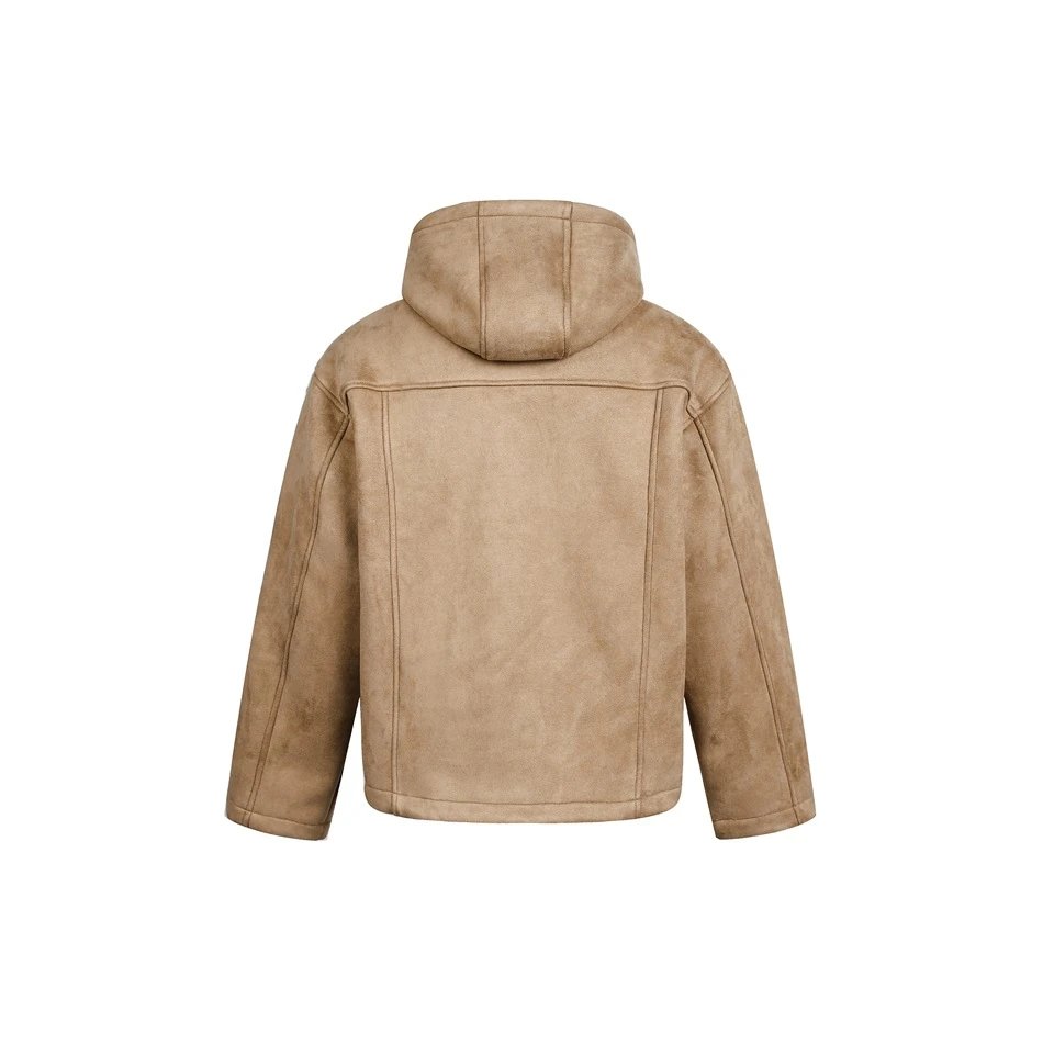 Retro Loose Fit Unisex Faux Suede Sherpa Lined Jacket, Ecru - Gallery Image 8 - Detailed View