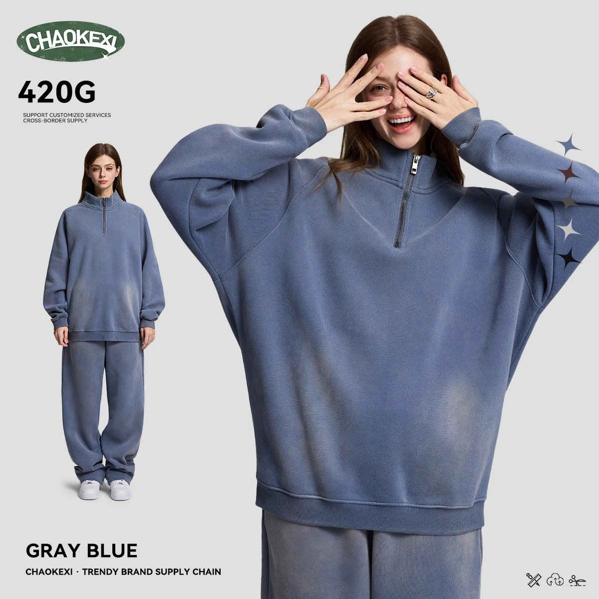 Retro 420g Heavyweight Half Zip Fleece Hoodie Unisex Slate - CHAOKEXI（潮可喜） - Cnfans - $31.53