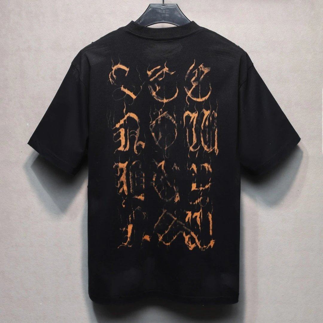 Unisex Oversized Distressed Gothic Print Tee Washed Obsidian - Gallery Image 2 - Detailed View