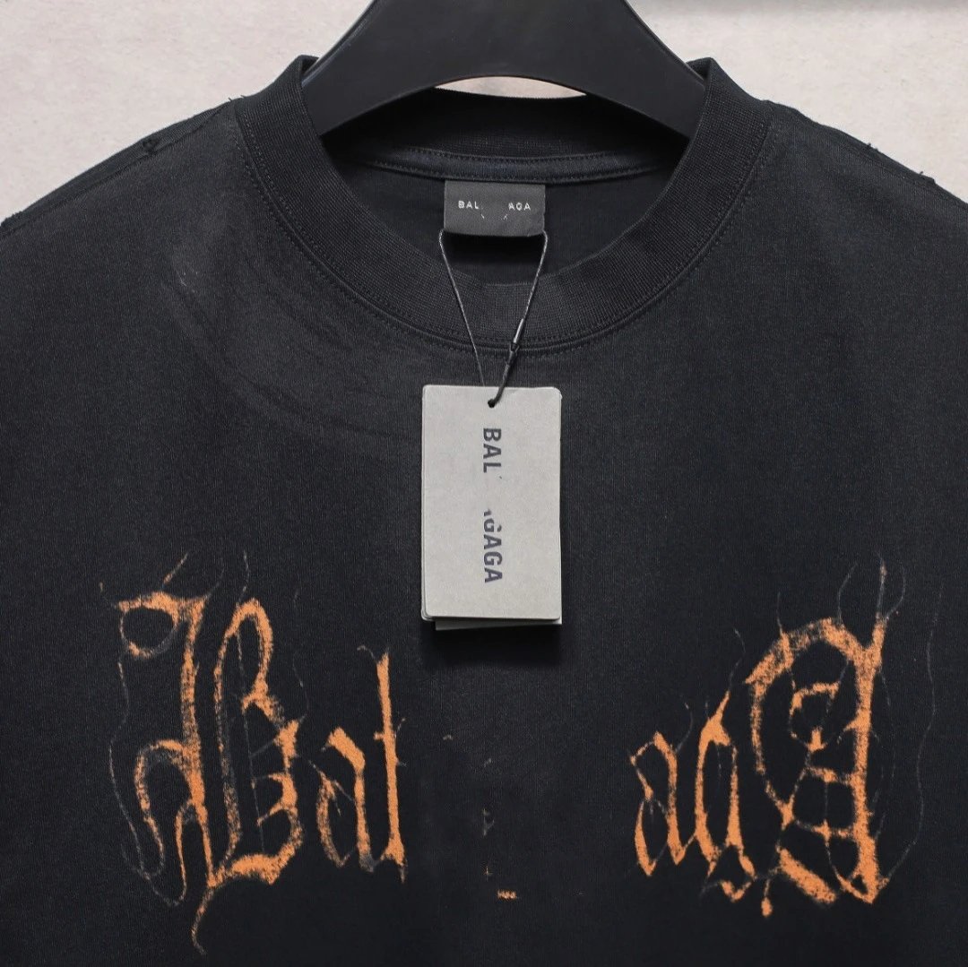 Unisex Oversized Distressed Gothic Print Tee Washed Obsidian - Gallery Image 3 - Detailed View