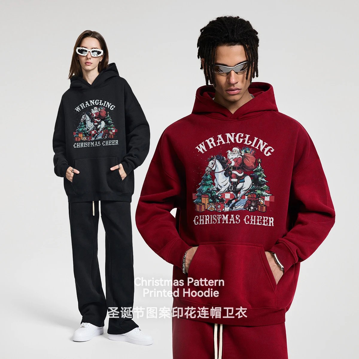 Christmas Pattern Fleece Hoodie Unisex Maroon - Gallery Image 1 - Detailed View