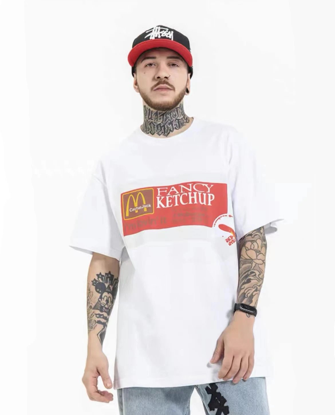 Street Style Ketchup Print Cotton T-Shirt Ebony Black - Gallery Image 11 - Detailed View