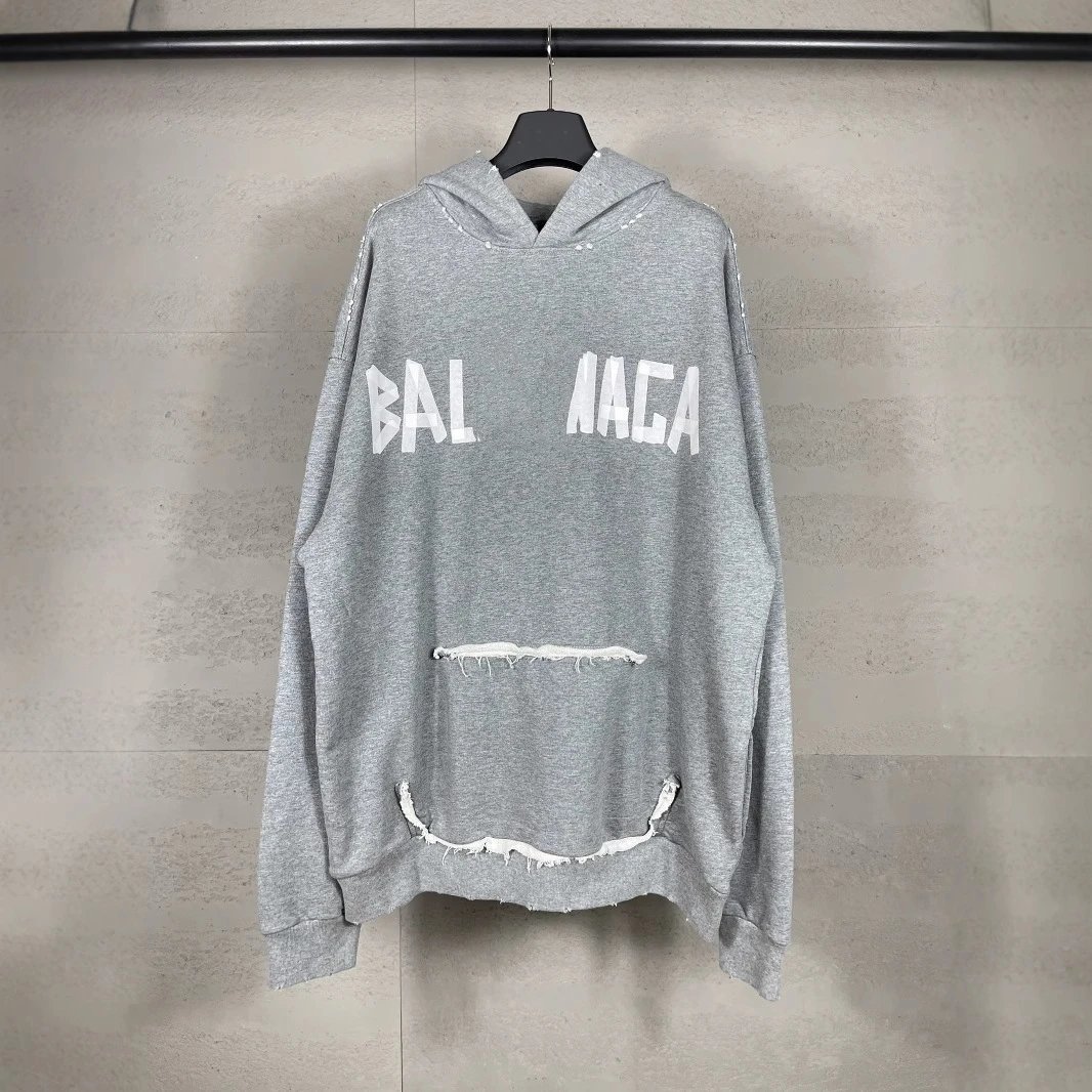 Unisex Oversized Distressed Hoodie, Smile Pocket, Ash Grey - Gallery Image 1 - Detailed View