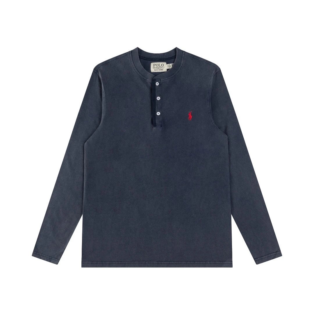 Men's Henley Cotton Long Sleeve T-Shirt Indigo - Ralph Lauren - Cnfans - $33.87