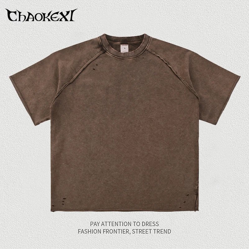 Retro Cotton Distressed Tee, Men's Coffee Brown - CHAOKEXI - Cnfans - $23.23