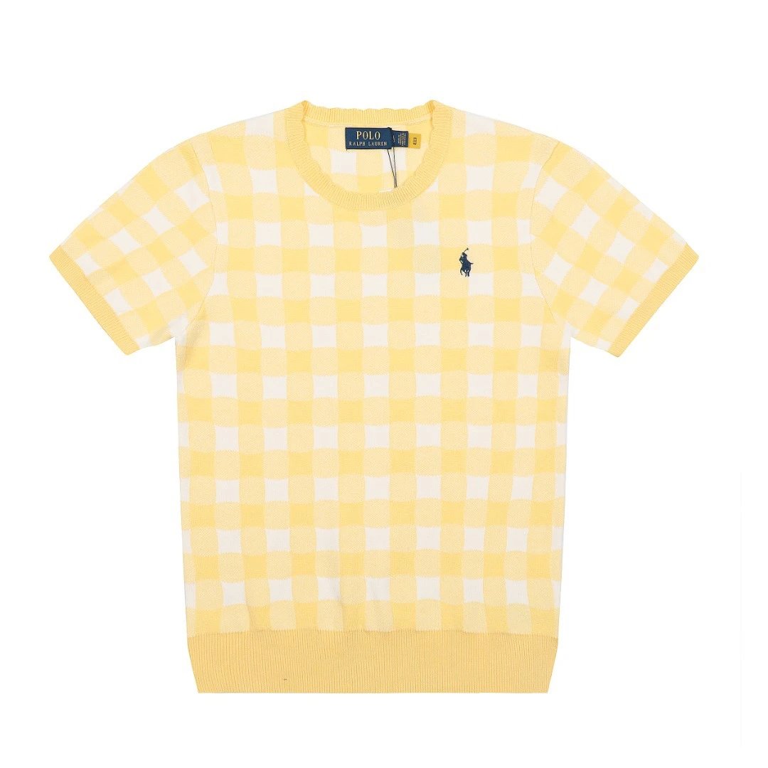 Retro Houndstooth Knit Summer T-Shirt Canary - Ralph Lauren - Cnfans - $26.45