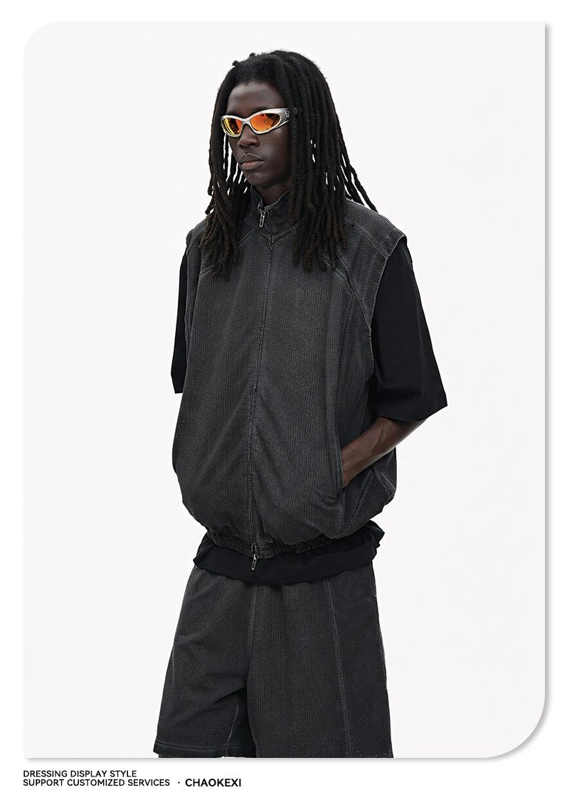 Men's Retro Mesh Vest Shorts Set Summer Faded Black - Gallery Image 5 - Detailed View