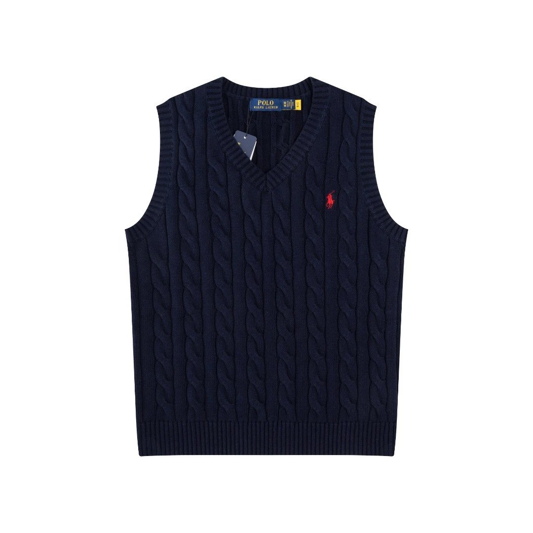 Cable-Knit V-Neck Vest Sleeveless Top Preppy Navy - Ralph Lauren - Cnfans - $29.68