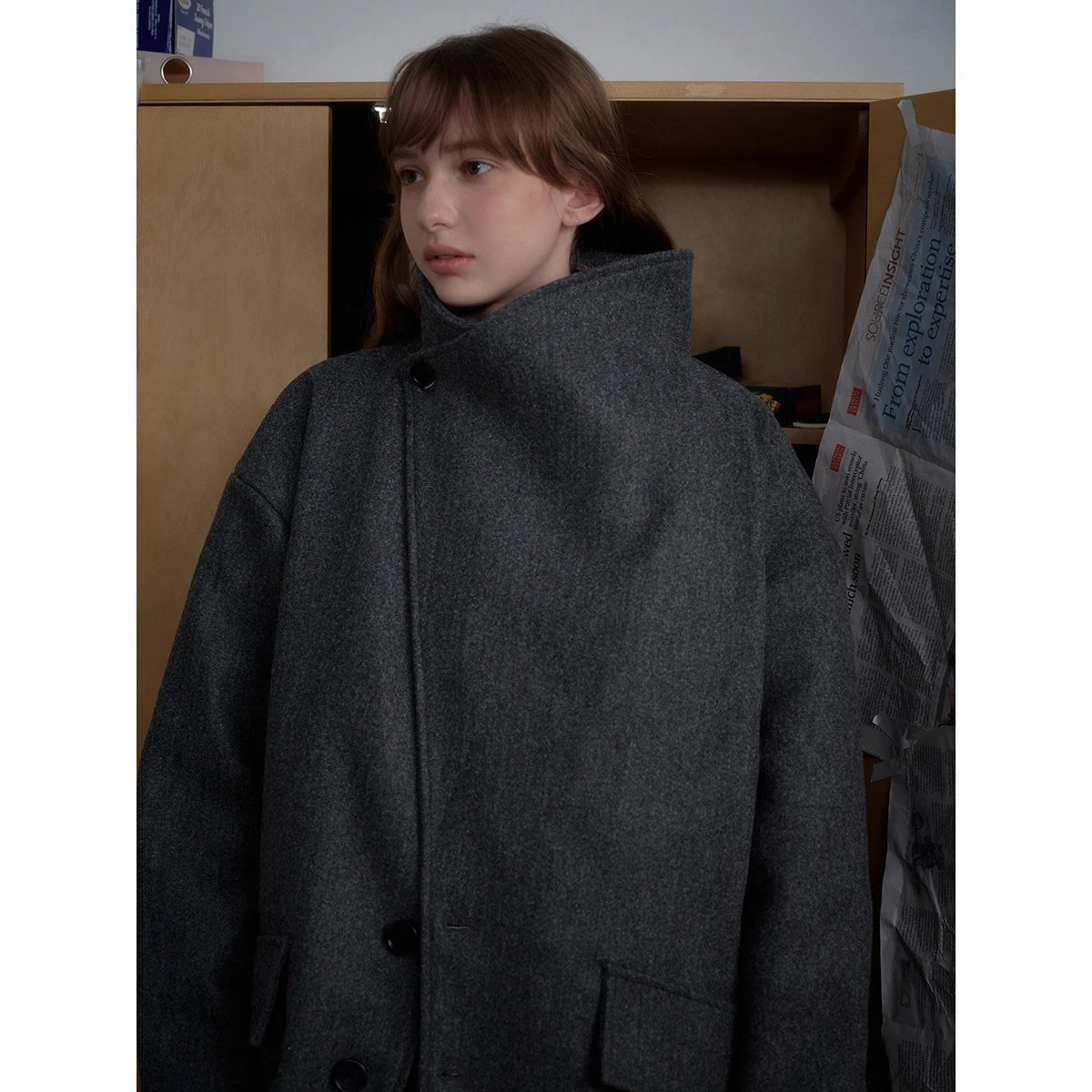 Unisex Oversized Wool Blend Winter Coat, Charcoal Grey - Gallery Image 5 - Detailed View
