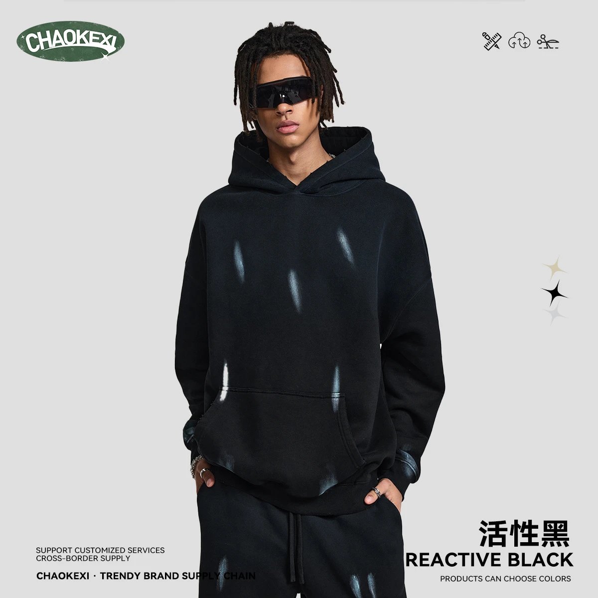 Washed Handpainted 380G Hooded Pullover Reactive Black - CHAOKEXI（潮可喜） - Cnfans - $37.02