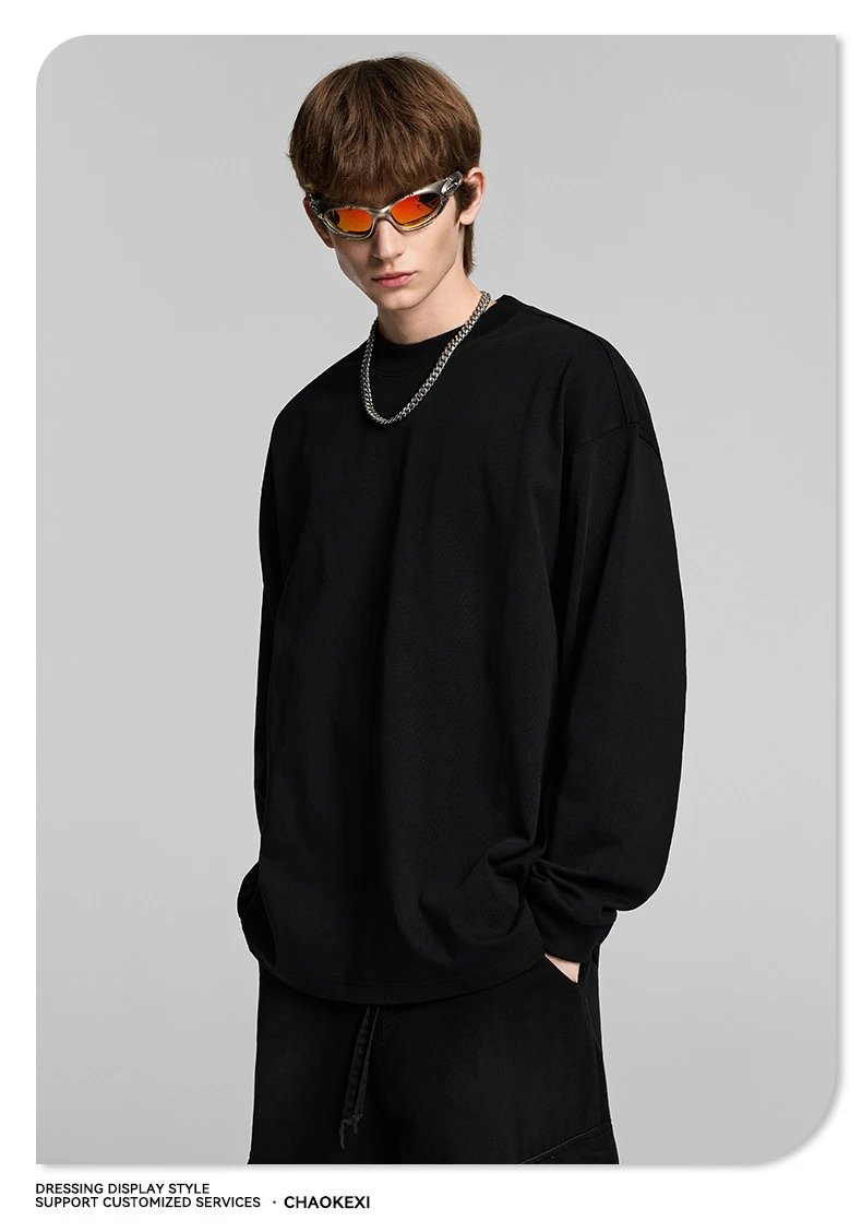 Men's Cotton Long Sleeve Tee Casual Basic Top - Onyx - Gallery Image 5 - Detailed View