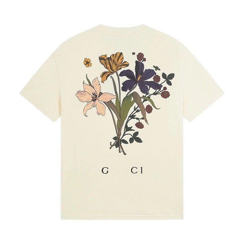 Floral Print Cotton Tee Unisex Ivory - Gucci - Cnfans - $23.55