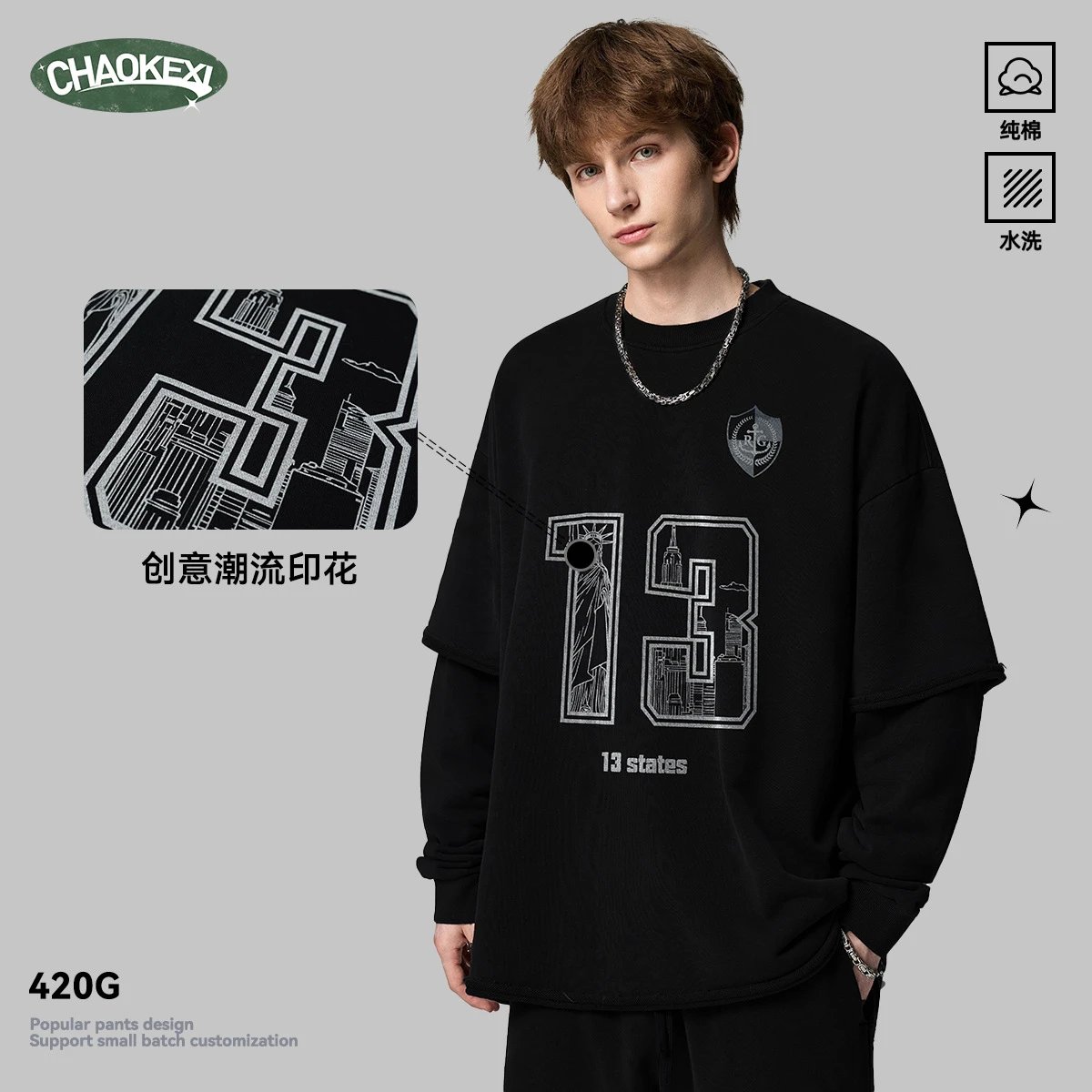 Oversized Heavyweight Cotton Crewneck Sweatshirt Onyx - Gallery Image 1 - Detailed View